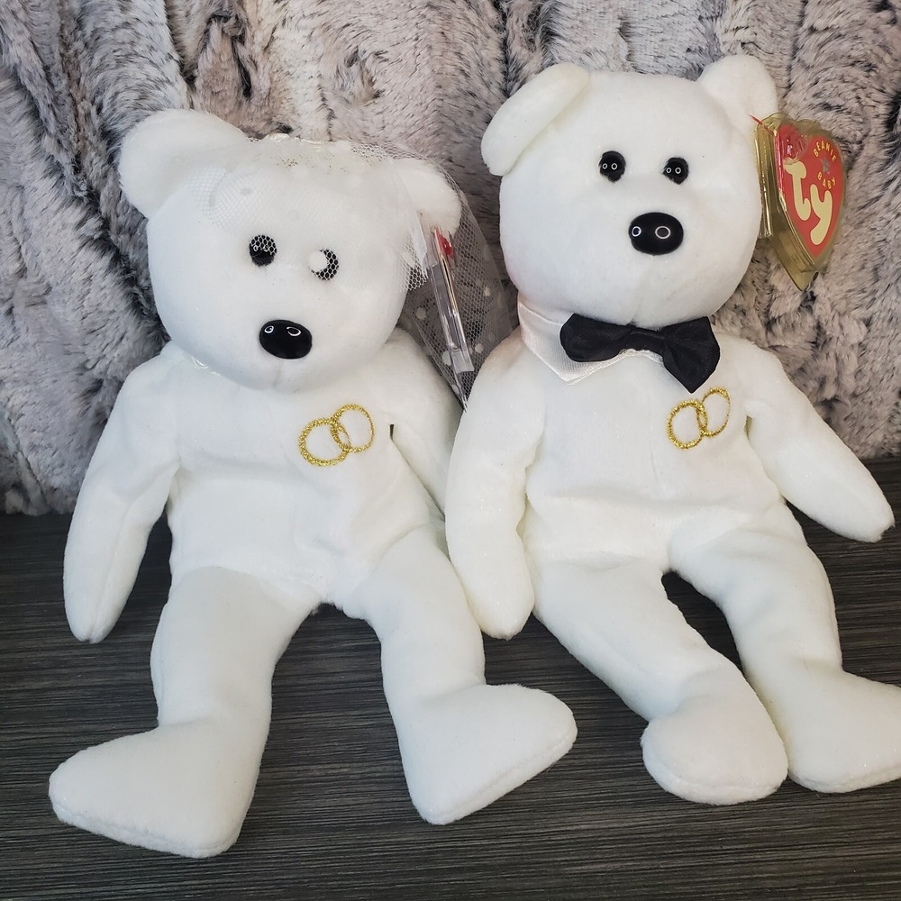 TY Beanie Babies Mr & Mrs Bride & Groom Bears 2001 w/Bowtie, Veil, Rings TAGS